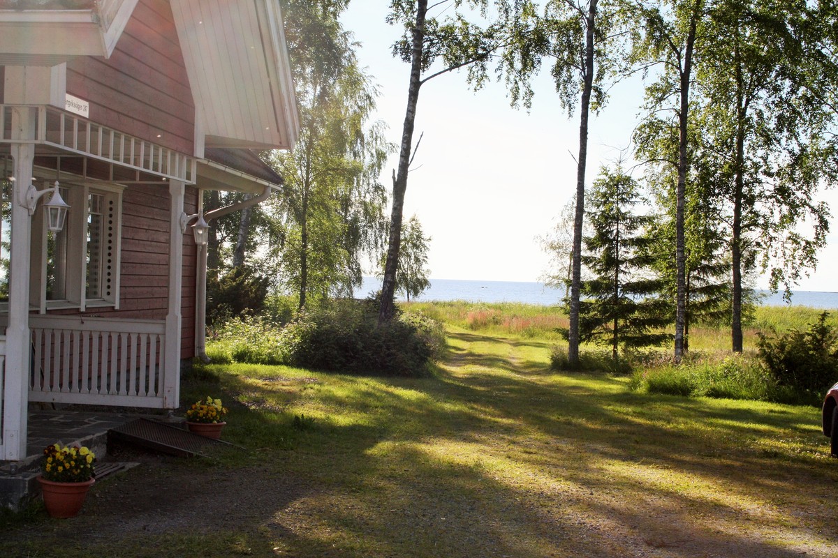Jonnsborg lägergård sommarbild med blick en ut mot havet. Huvudbyggnadens ingång till vänster och på mitten går en väg mot havet, på båda sidor om vägen står några björkar.